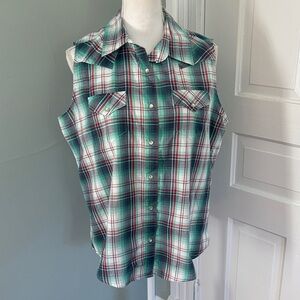 Wrangler Green Plaid Sleeveless Shirt Pearl Snap Blouse Size Large Green